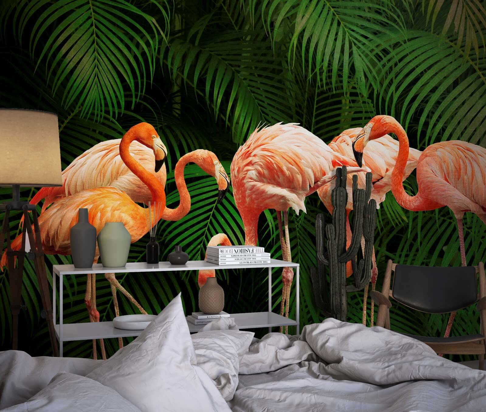 Fototapeta różowe flamingi w lesie z zielonymi drzewami