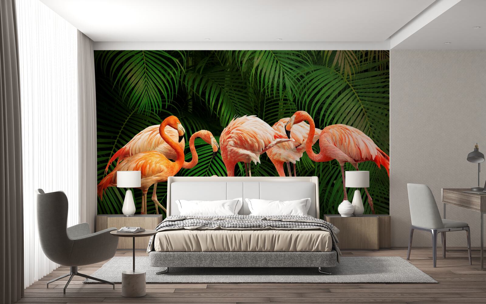 Fototapeta różowe flamingi w lesie z zielonymi drzewami