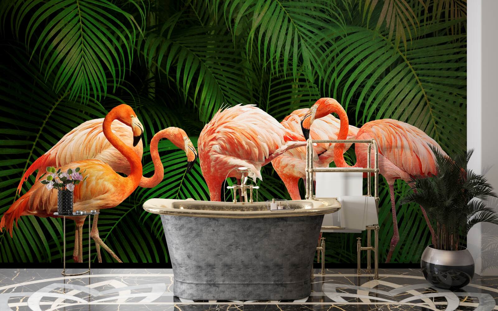 Fototapeta różowe flamingi w lesie z zielonymi drzewami