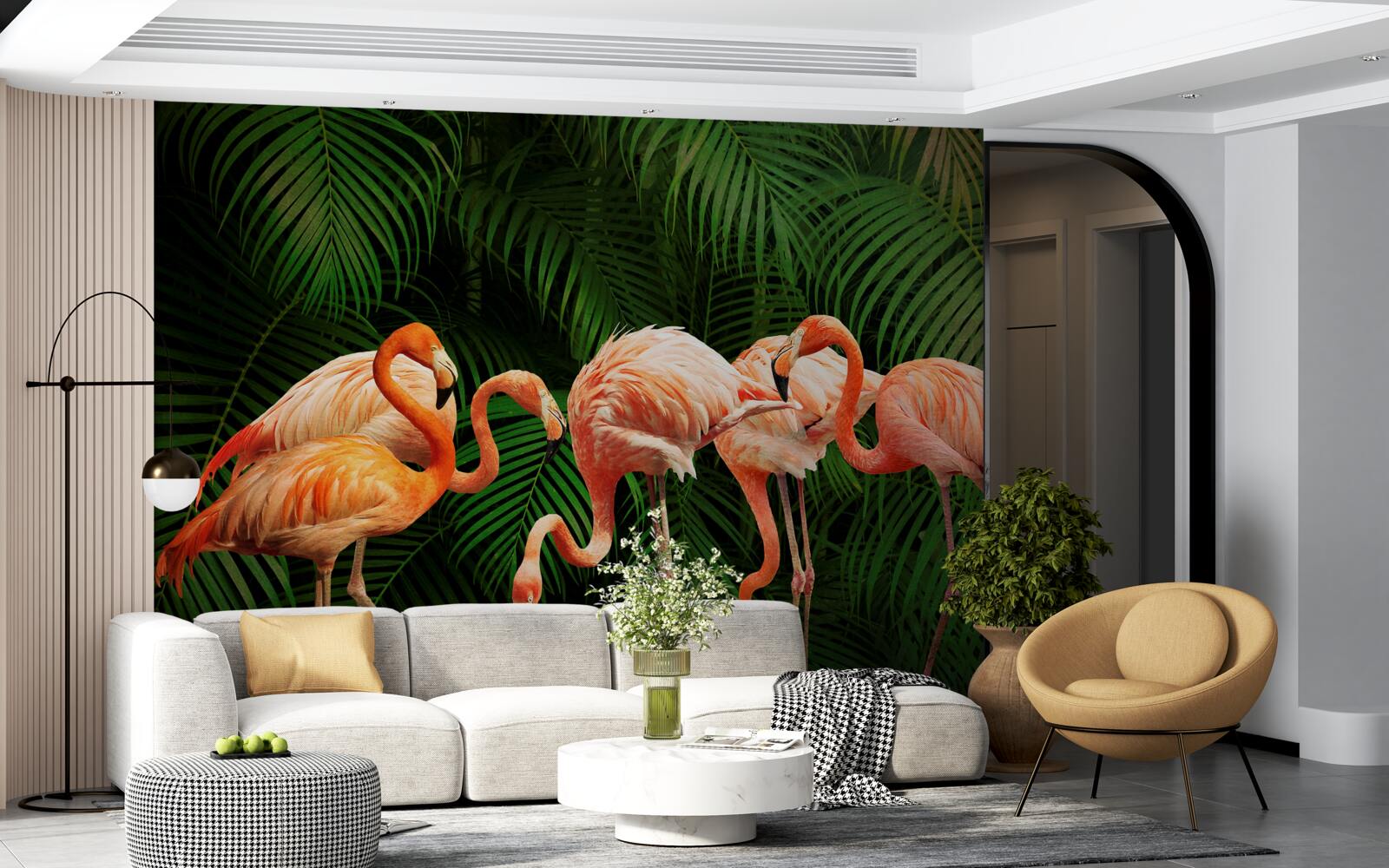 Fototapeta różowe flamingi w lesie z zielonymi drzewami