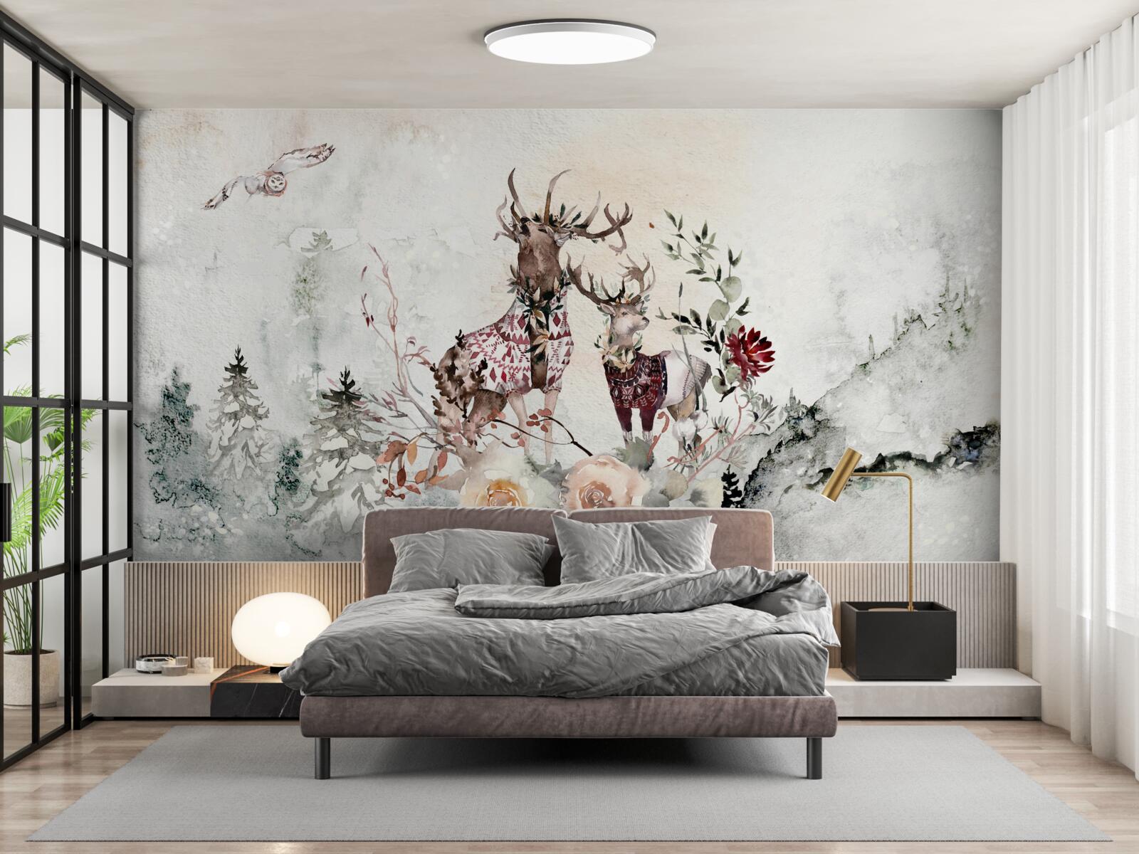 Fototapeta w mglistym lesie są piękne jelenie