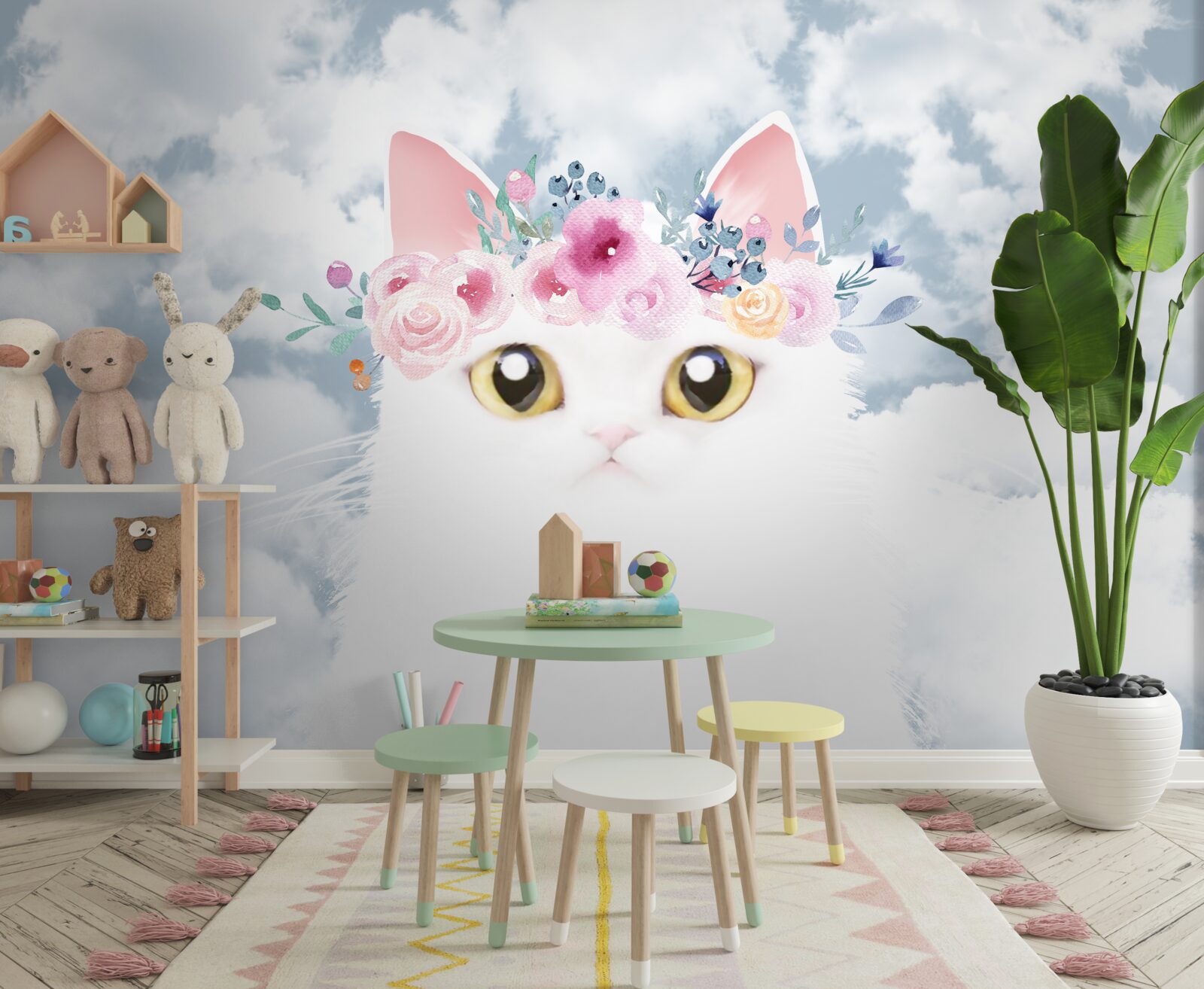 Fototapeta kot wśród kwiatów na tle nieba z chmurami