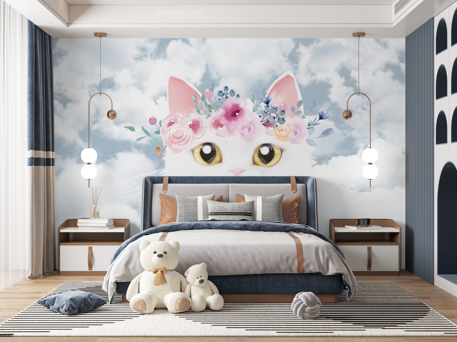 Fototapeta kot wśród kwiatów na tle nieba z chmurami