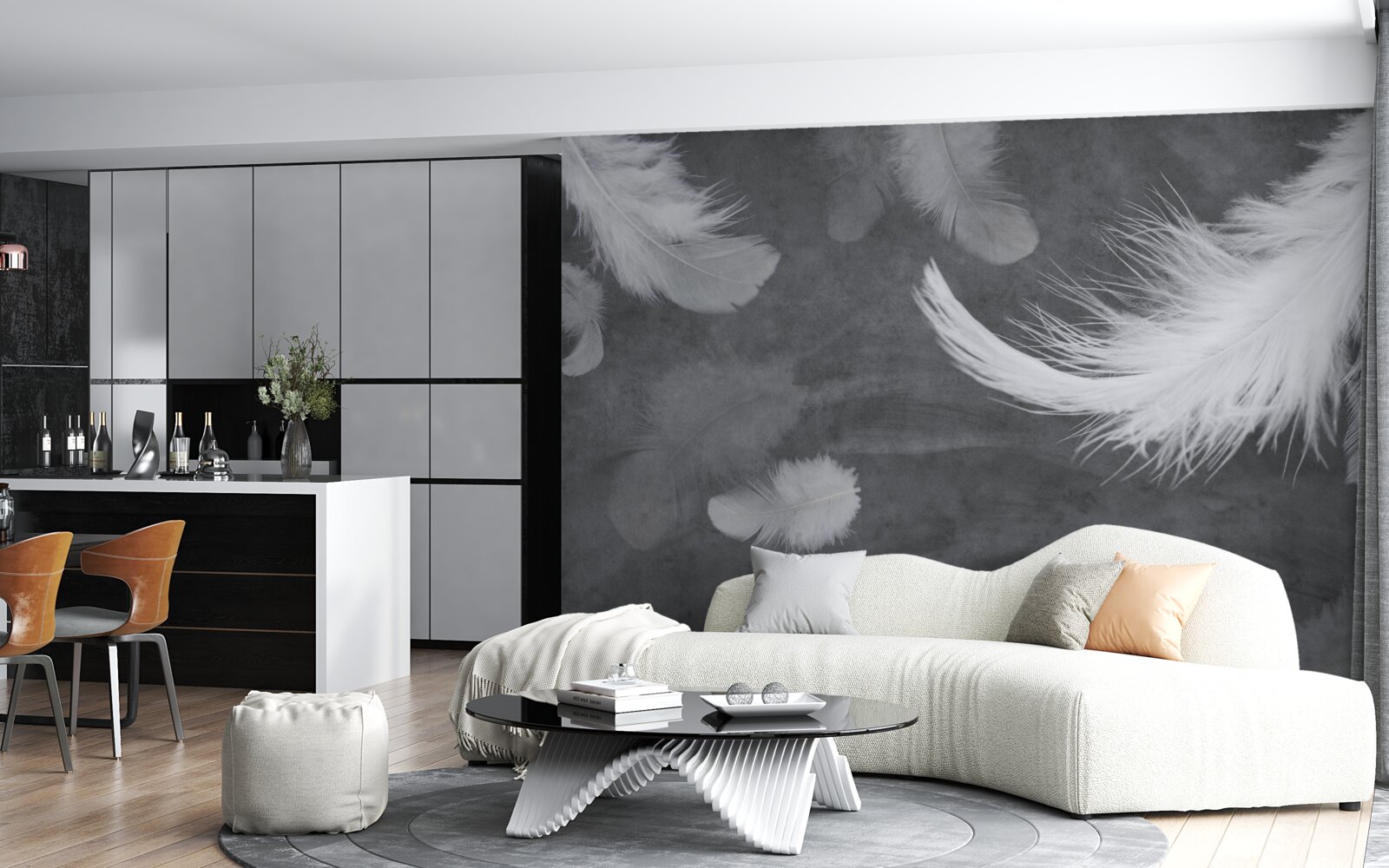 Fototapeta Śnieżnobiałe pióra, gęsto rozproszone na szarym tle