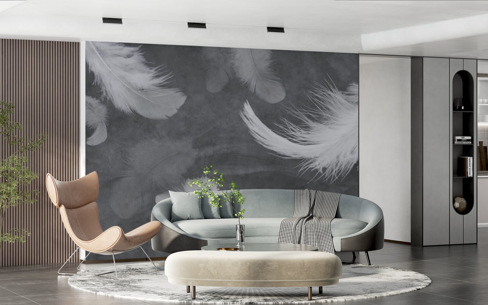 Fototapeta Śnieżnobiałe pióra, gęsto rozproszone na szarym tle