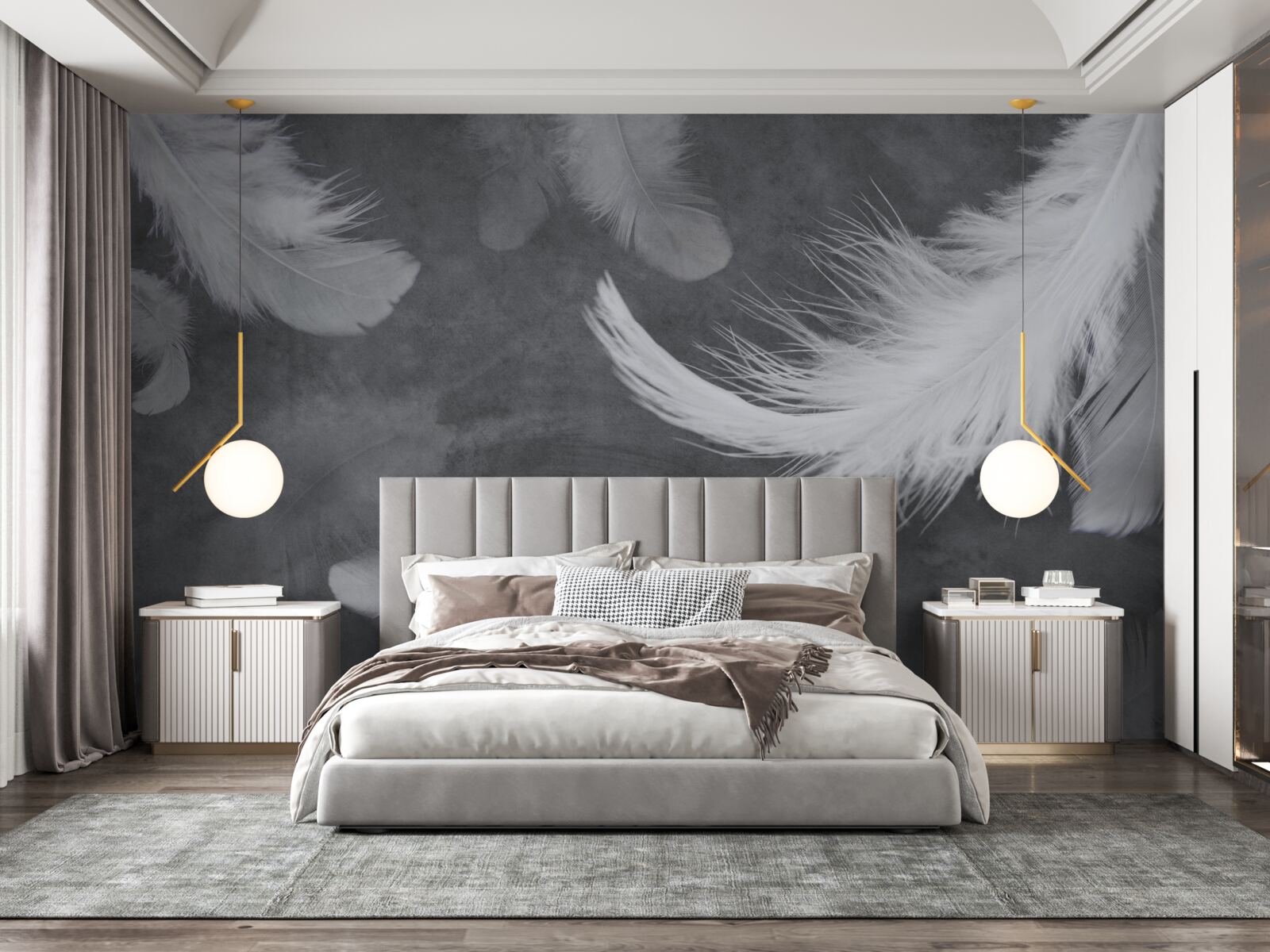 Fototapeta Śnieżnobiałe pióra, gęsto rozproszone na szarym tle