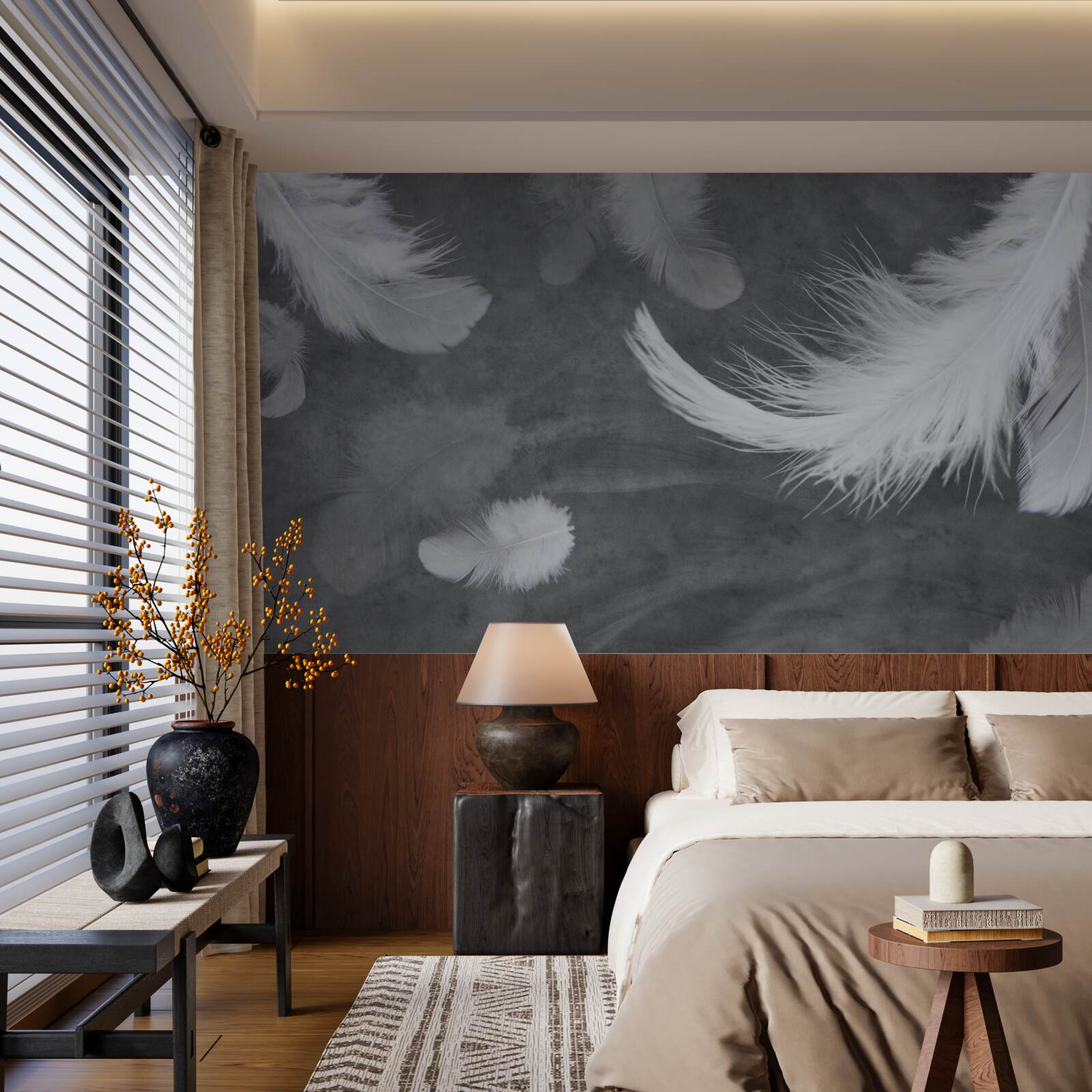 Fototapeta Śnieżnobiałe pióra, gęsto rozproszone na szarym tle