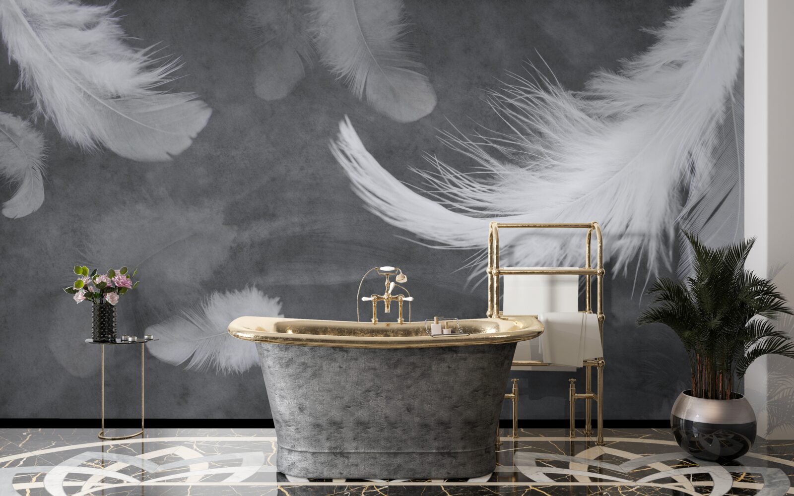 Fototapeta Śnieżnobiałe pióra, gęsto rozproszone na szarym tle