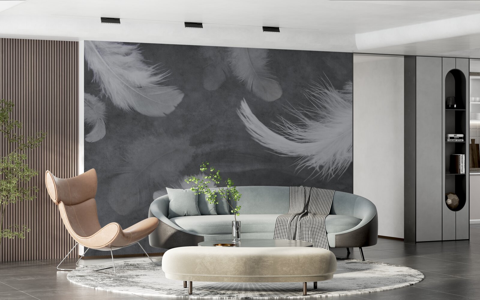 Fototapeta Śnieżnobiałe pióra, gęsto rozproszone na szarym tle