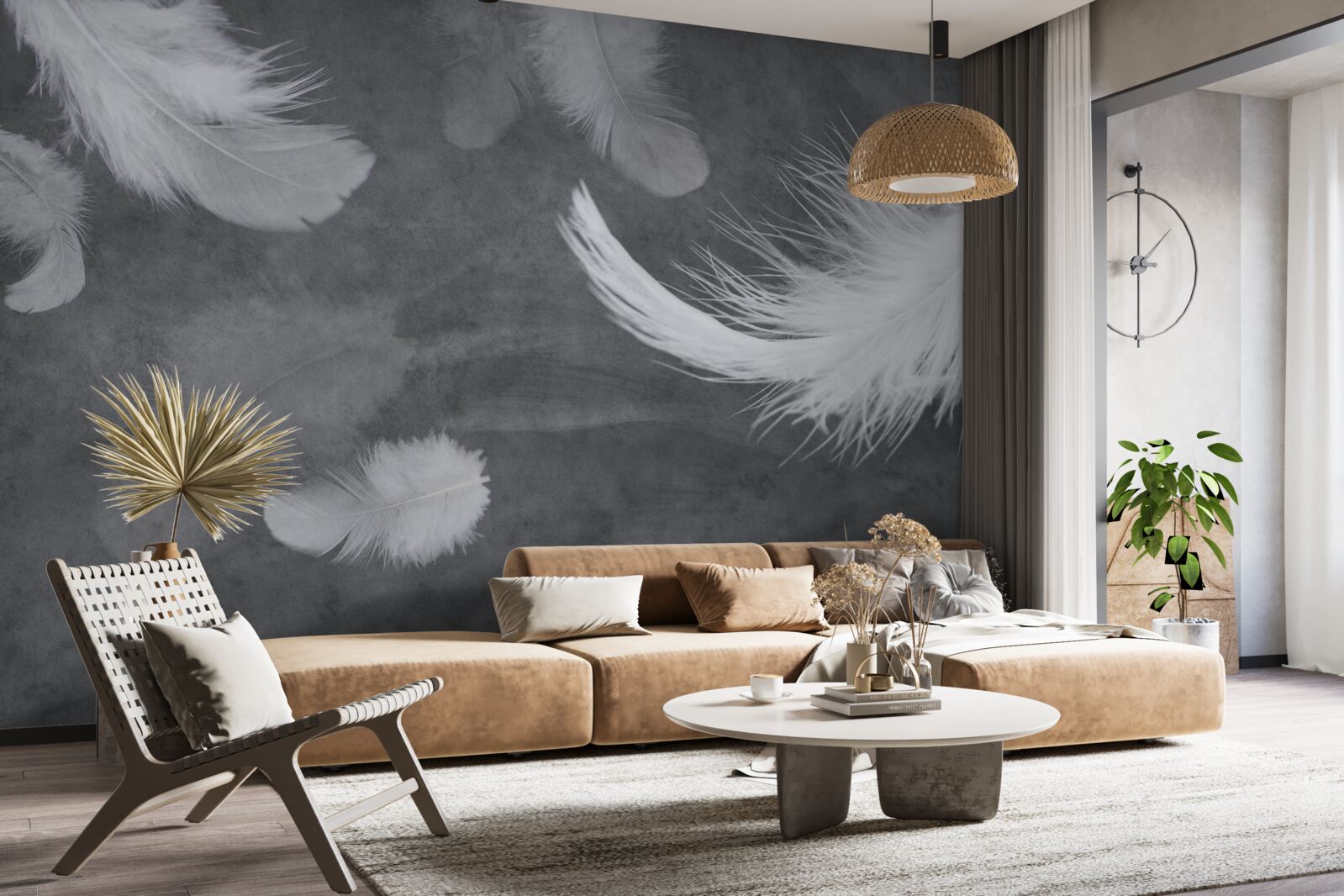 Fototapeta Śnieżnobiałe pióra, gęsto rozproszone na szarym tle