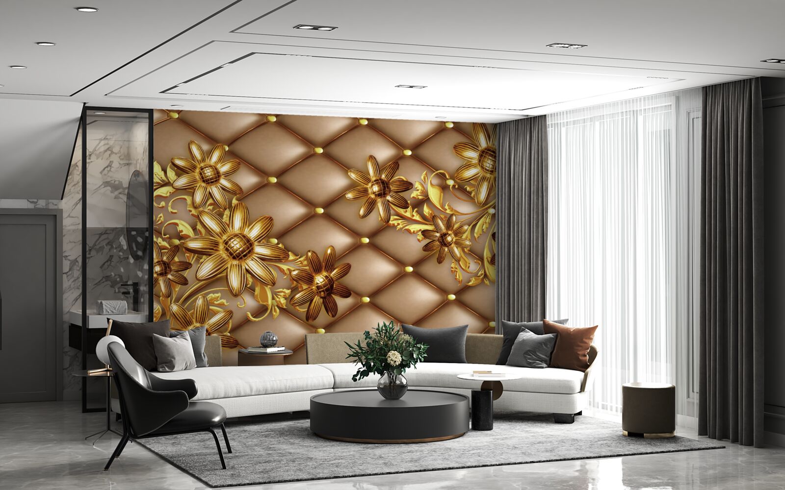 Fototapeta na materiale złote kwiatki