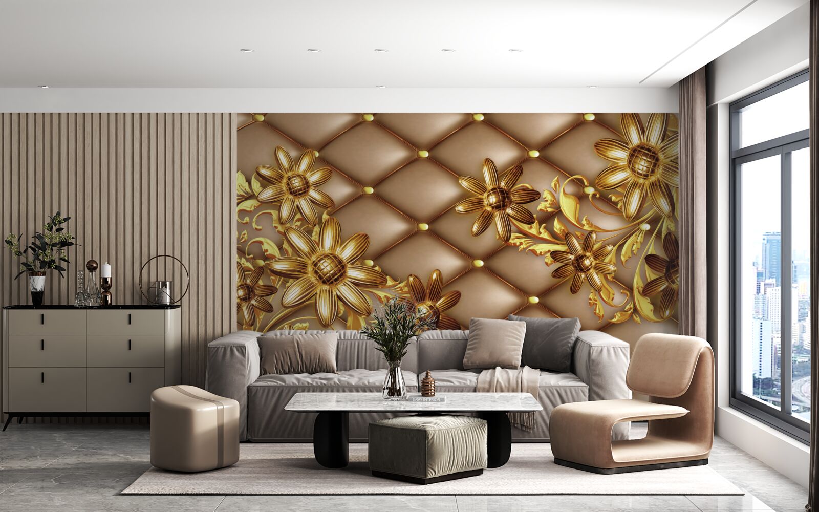 Fototapeta na materiale złote kwiatki