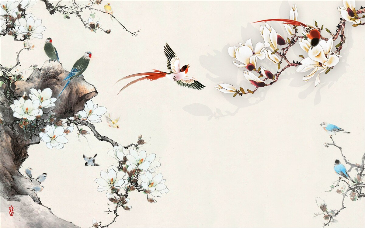 Fototapeta ptaki radują się wśród kwiatów