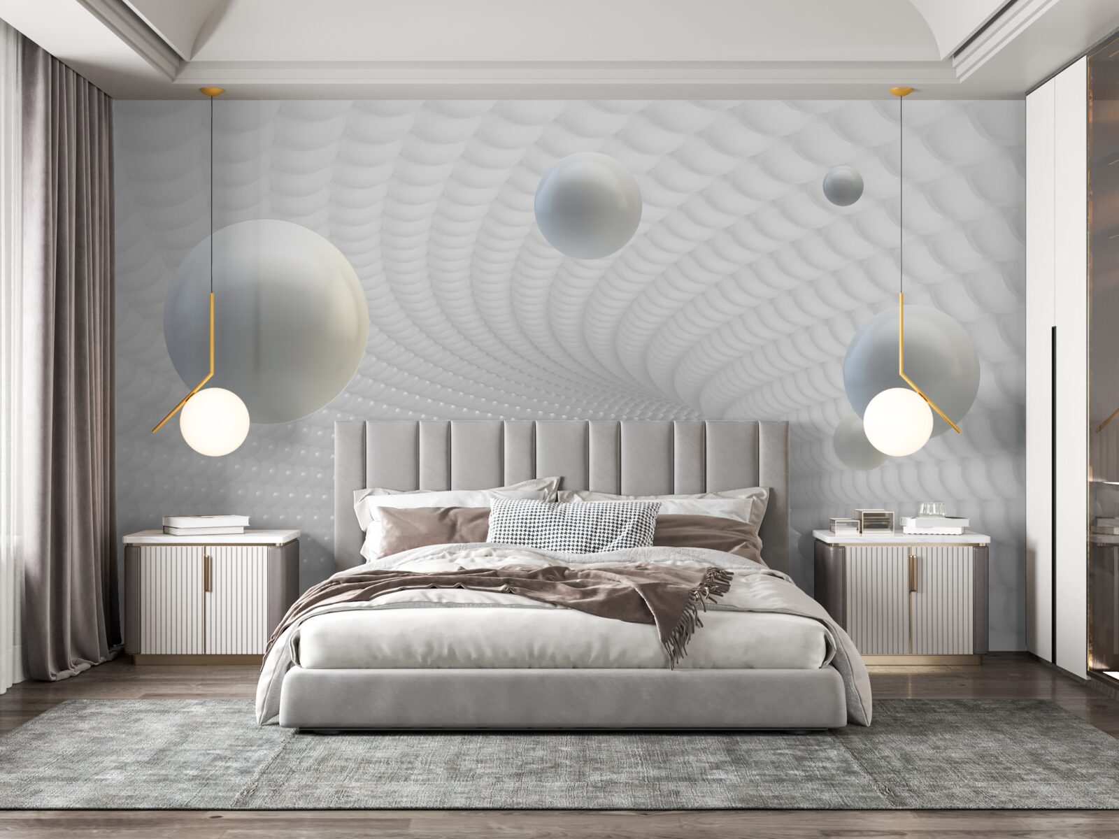 Fototapeta pływające białe kule w korytarzu