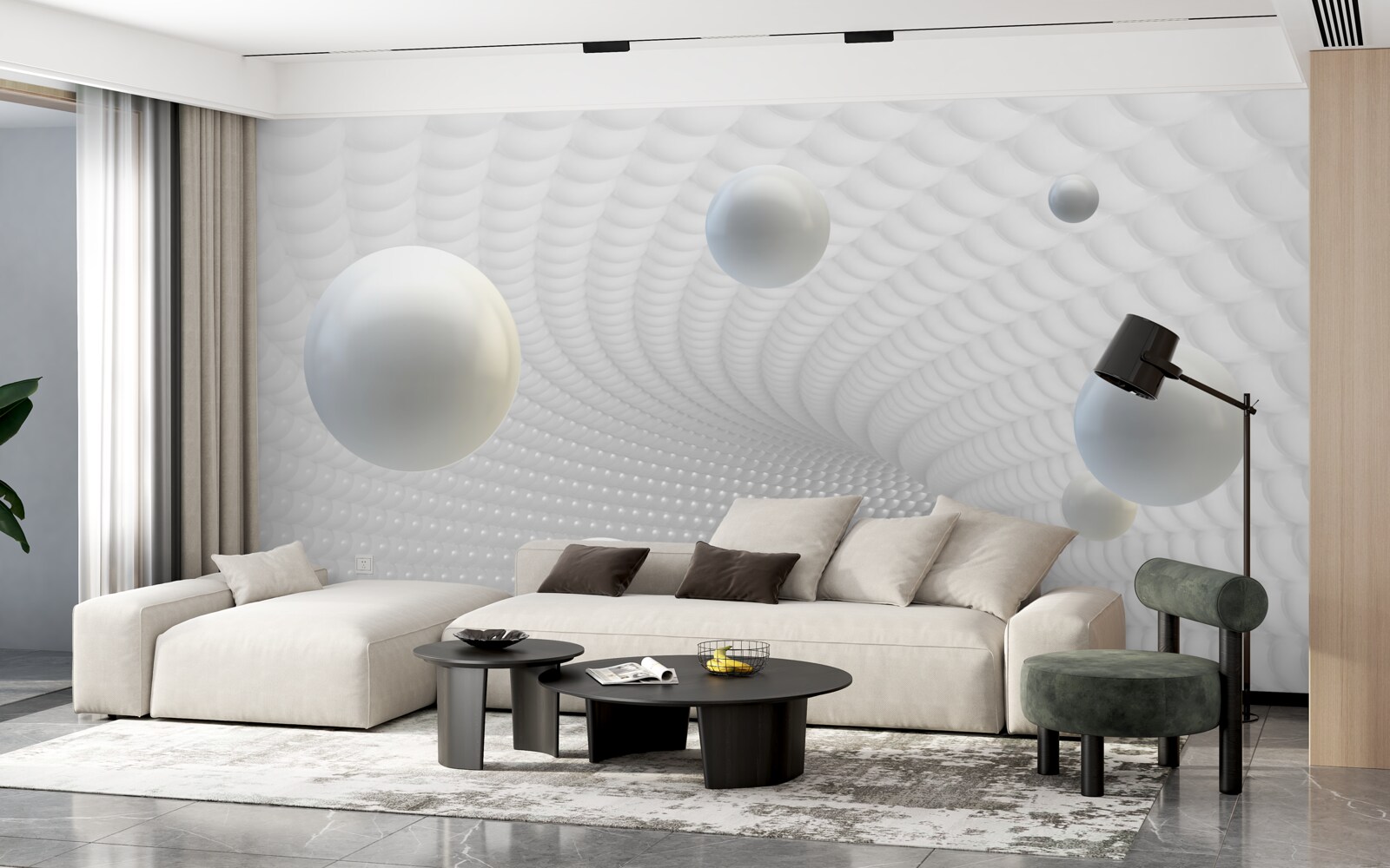 Fototapeta pływające białe kule w korytarzu