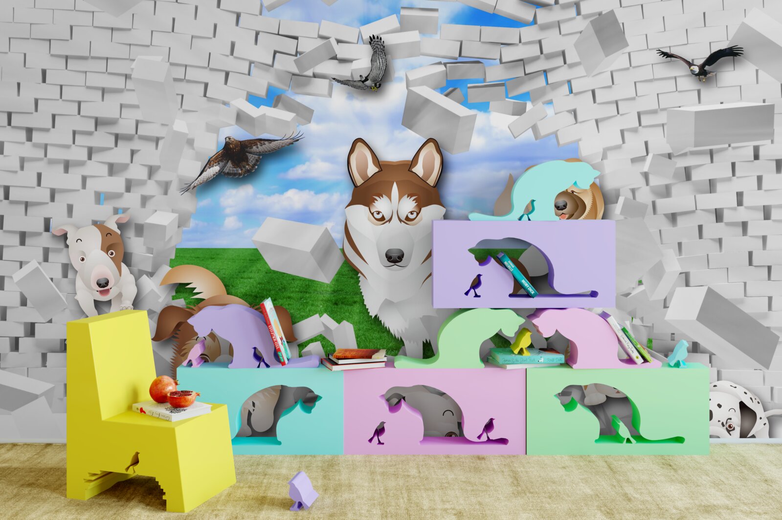 Fototapeta animowane psy przedarły się przez barierę