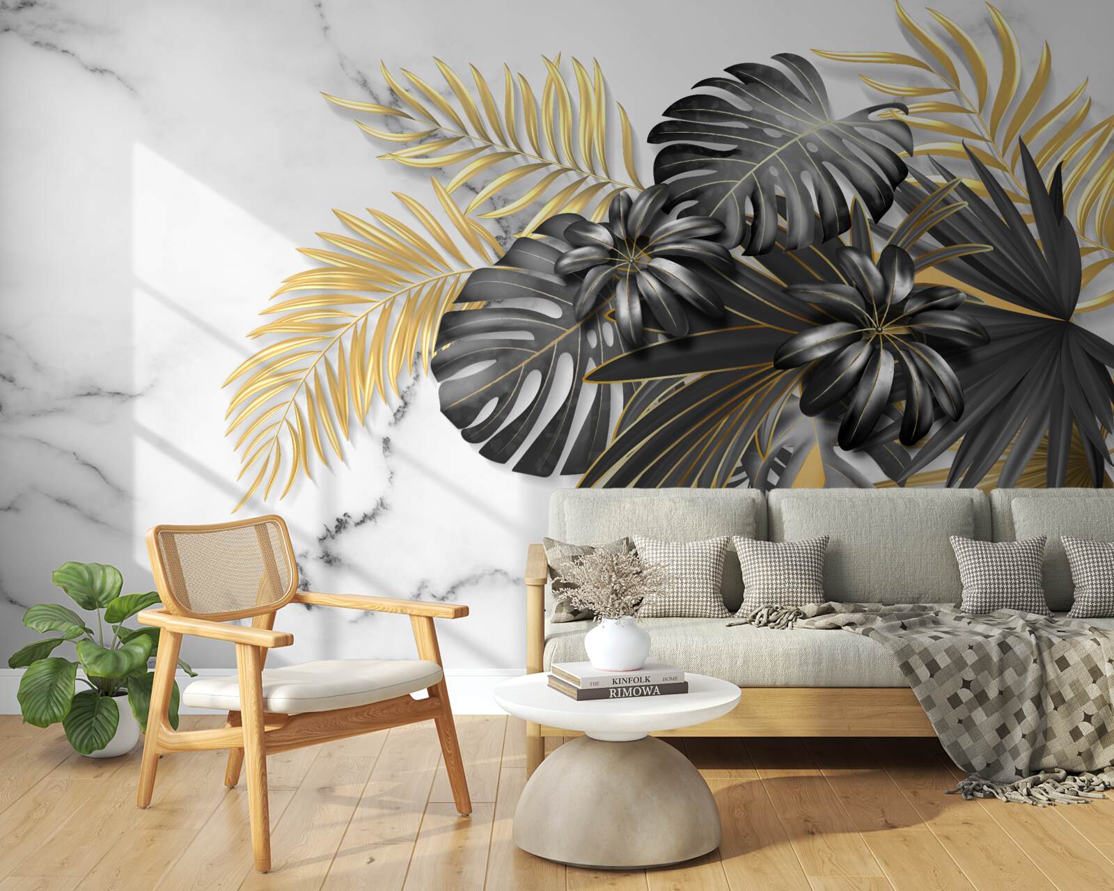 Fototapeta złote i czarne liście paproci
