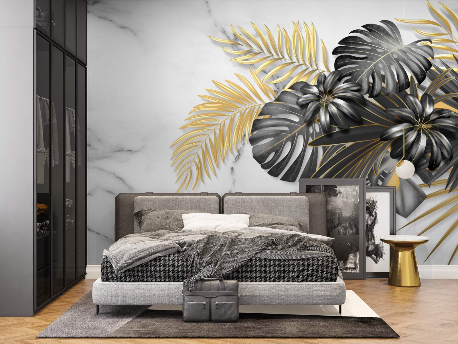 Fototapeta złote i czarne liście paproci