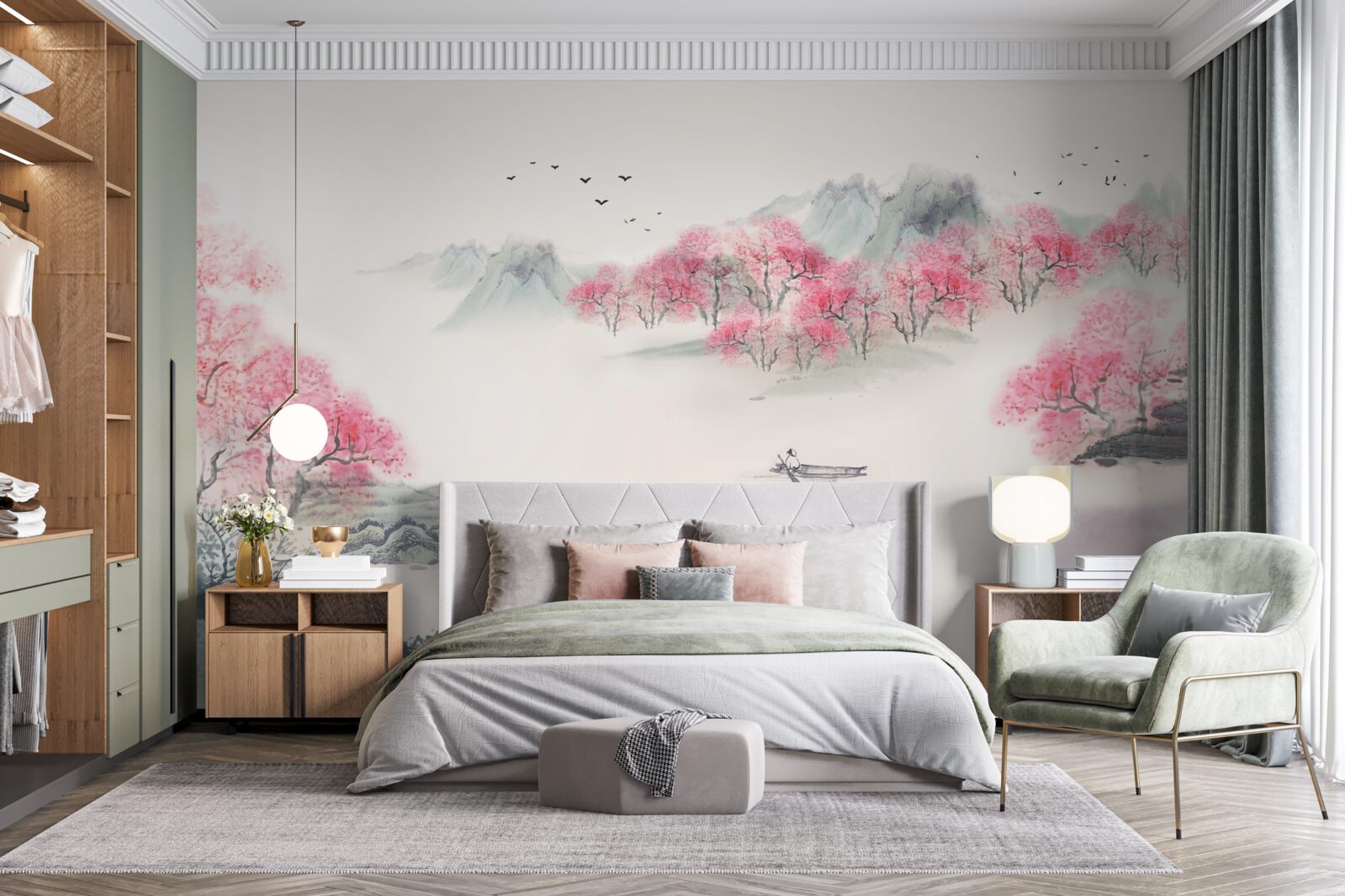 Fototapeta Łódź w lesie spowita poranną mgłą