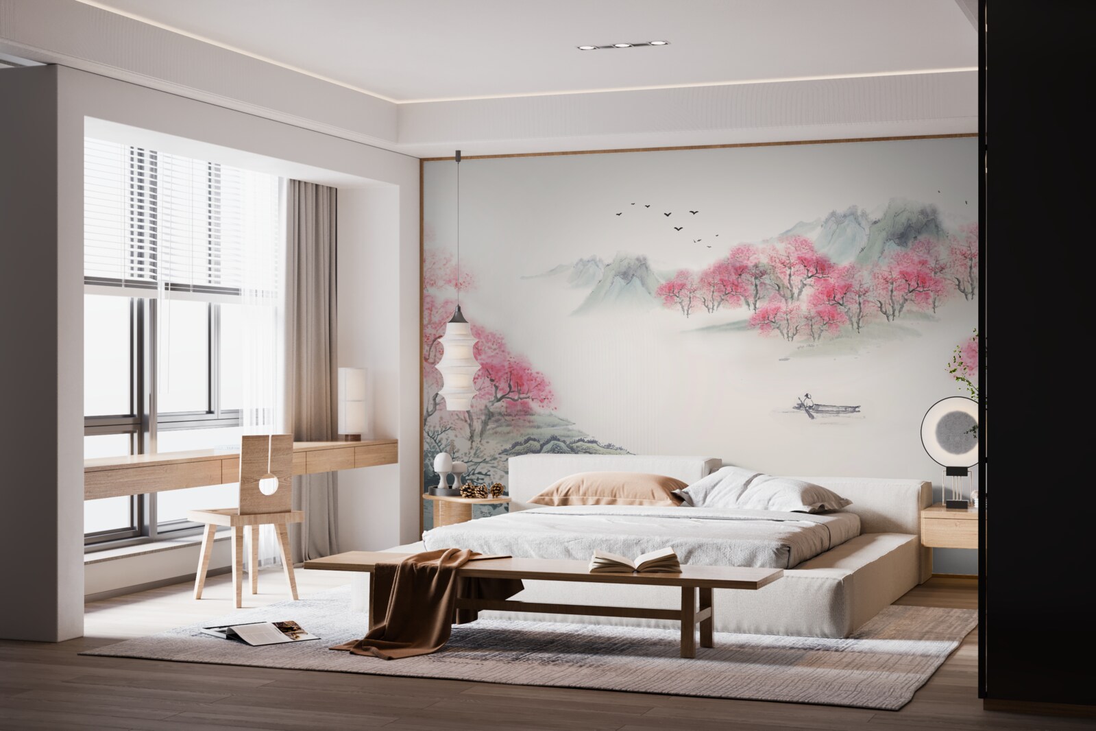 Fototapeta Łódź w lesie spowita poranną mgłą