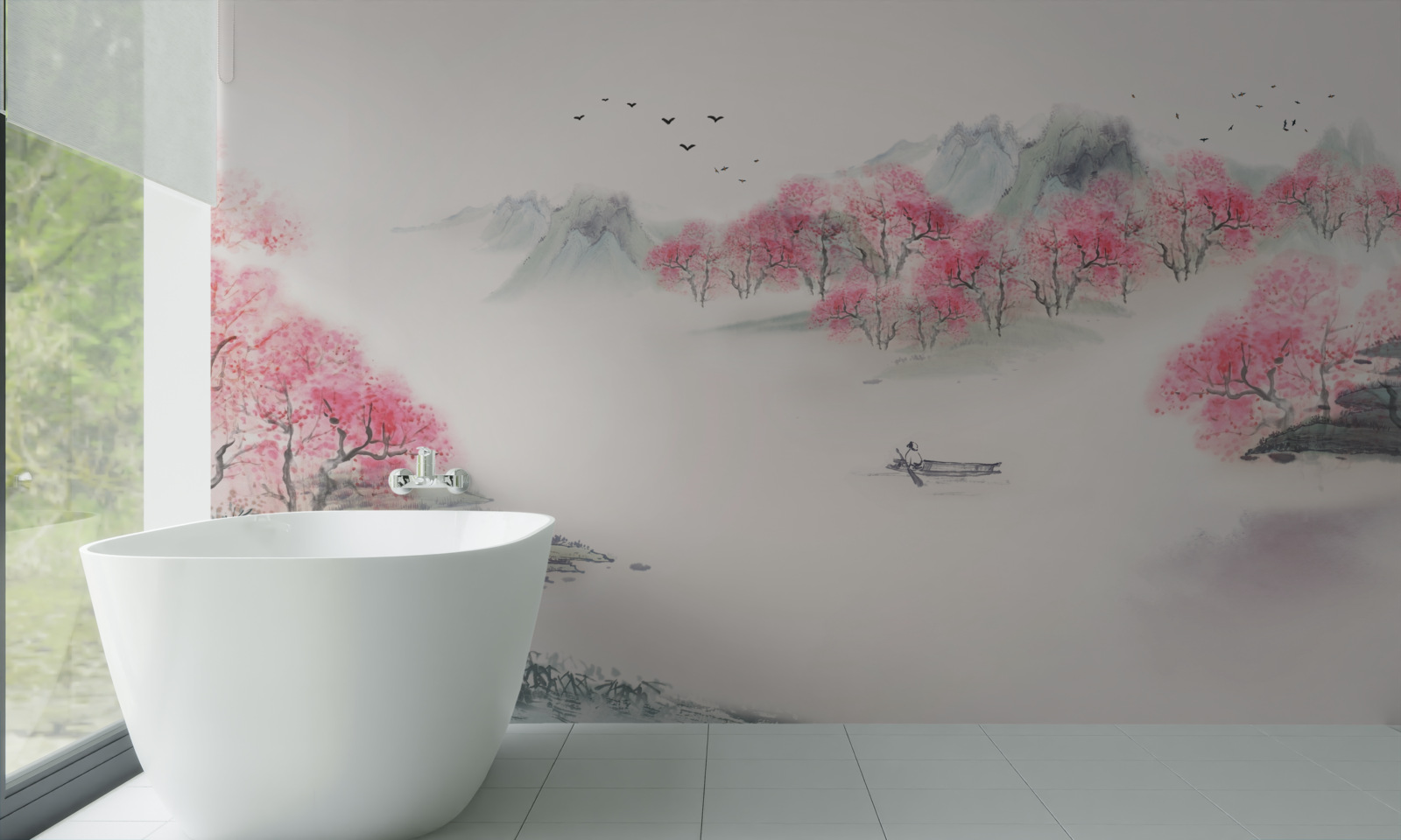 Fototapeta Łódź w lesie spowita poranną mgłą