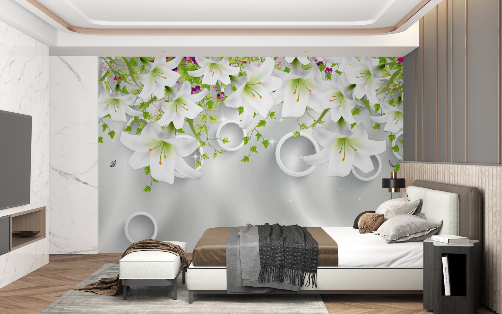 Fototapeta kwiaty są białe z zielonymi liśćmi