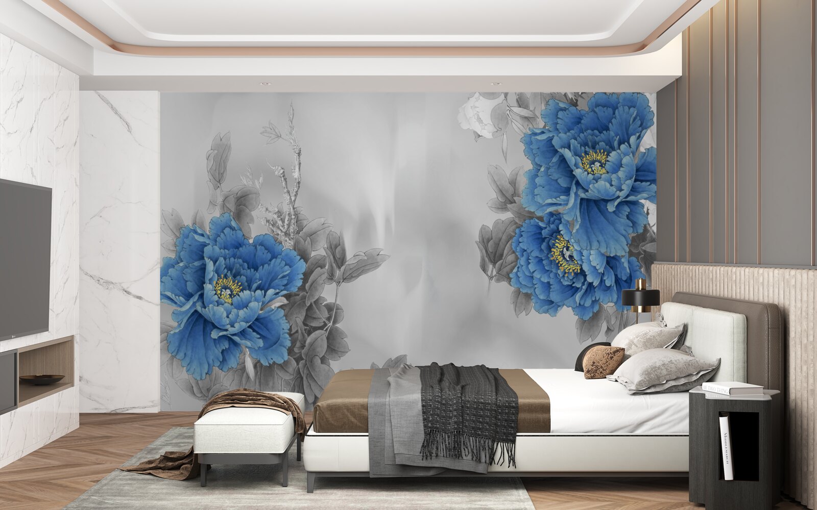 Fototapeta niebieskie kwiaty na szarym tle