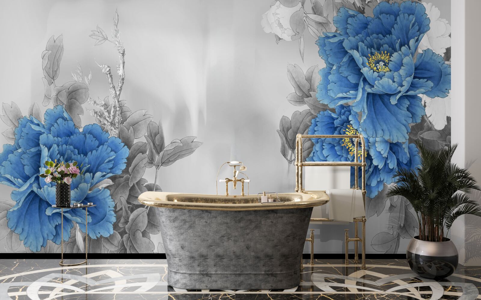 Fototapeta niebieskie kwiaty na szarym tle