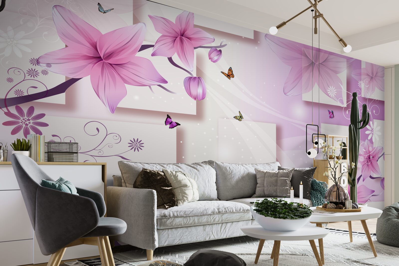 Fototapeta geometryczne kształty ozdobione ciemnofioletowymi kwiatami