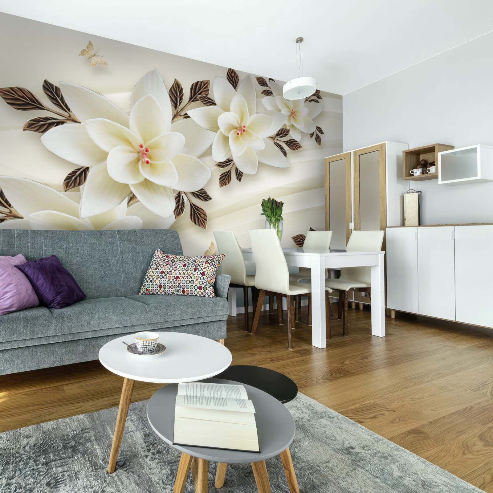 Fototapeta tkanina ozdobiona jest białymi kwiatami lotosu