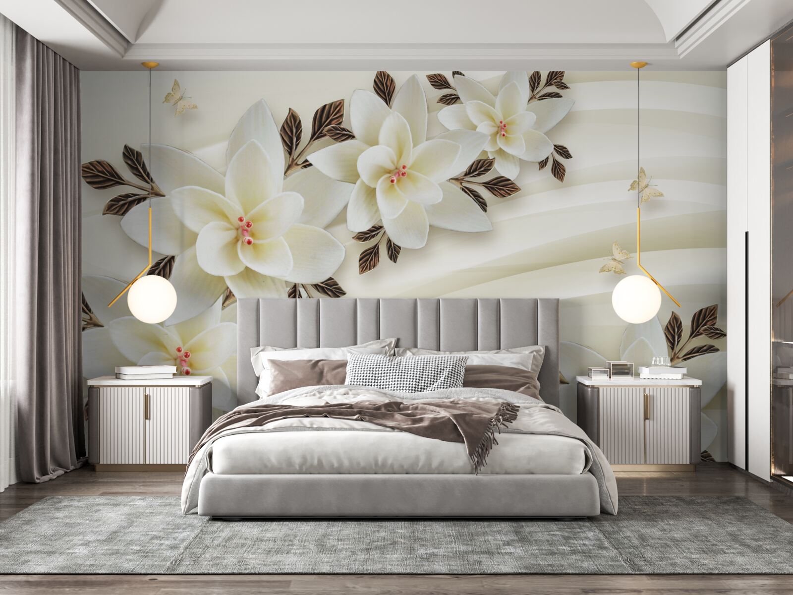 Fototapeta tkanina ozdobiona jest białymi kwiatami lotosu