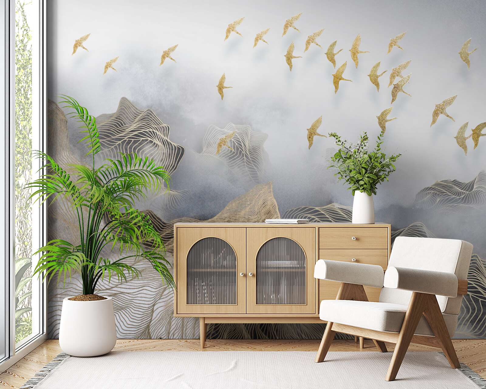 Fototapeta góry i ptaki we mgle abstrakcji