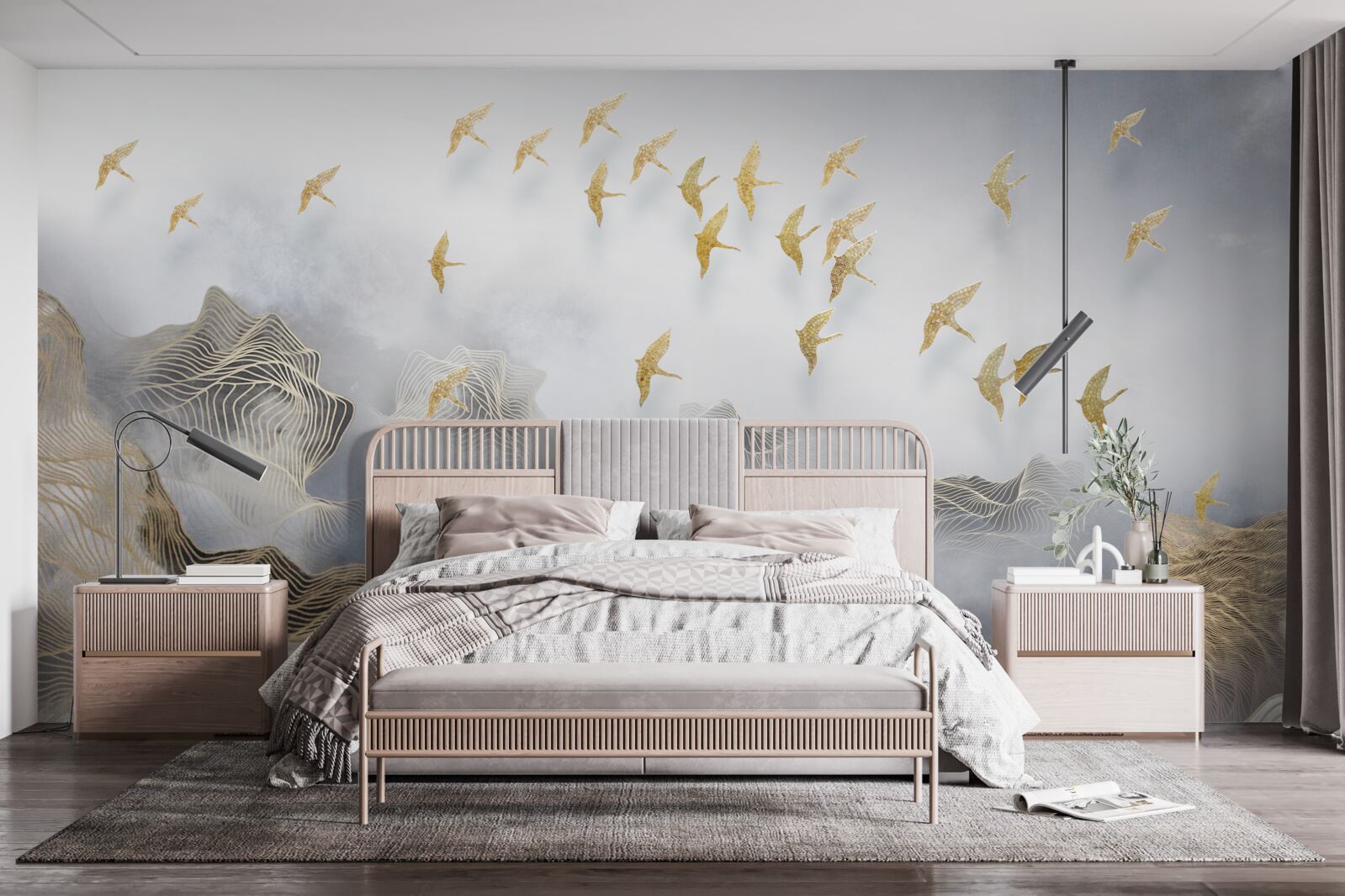 Fototapeta góry i ptaki we mgle abstrakcji