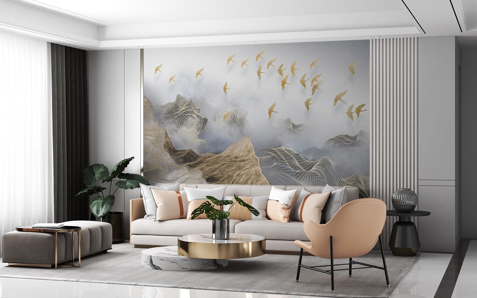 Fototapeta góry i ptaki we mgle abstrakcji