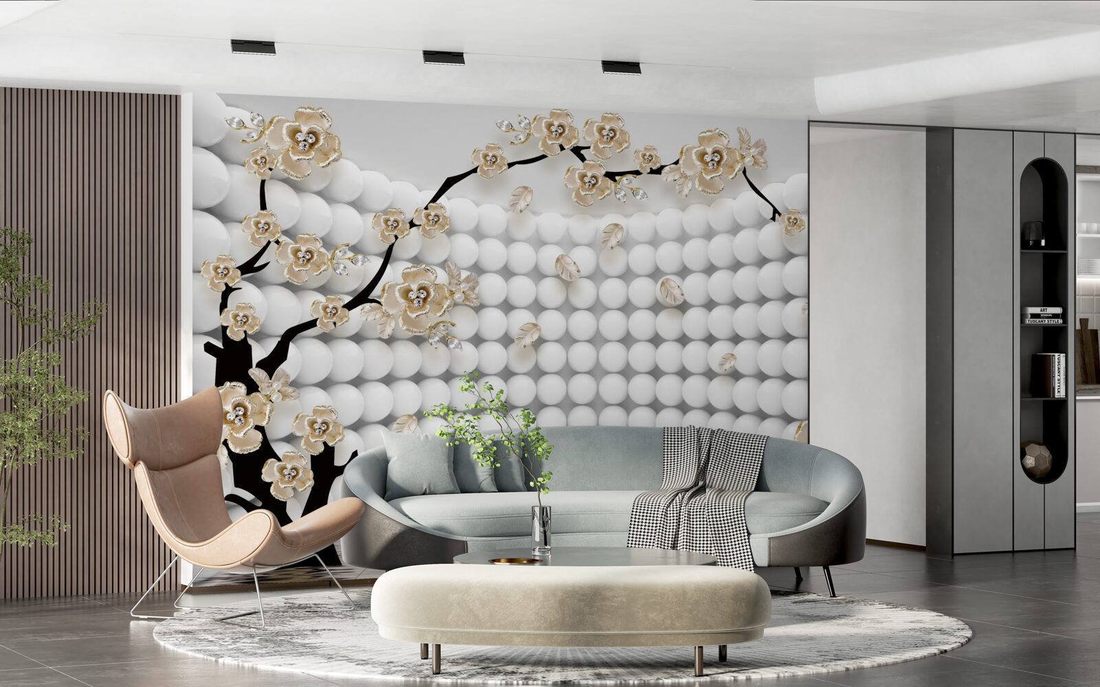 Fototapeta pokój z trójwymiarowymi kulami i drzewem