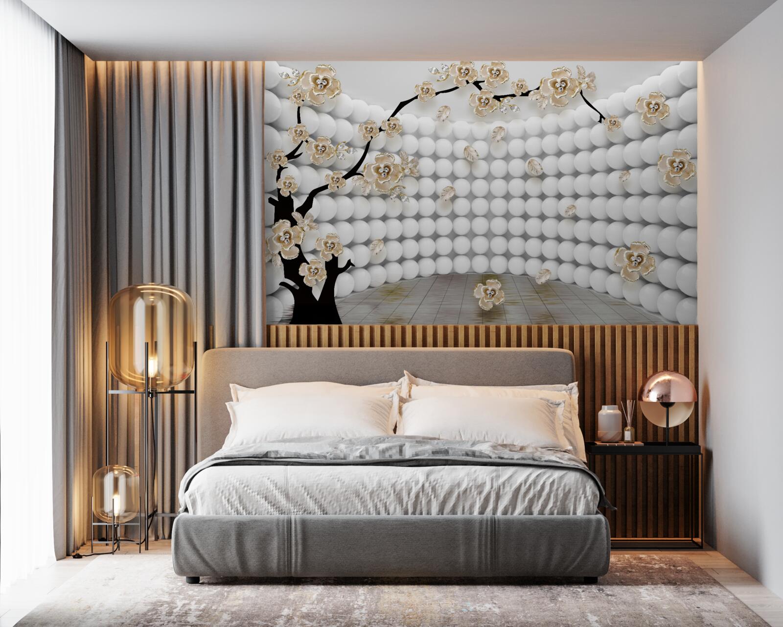 Fototapeta pokój z trójwymiarowymi kulami i drzewem