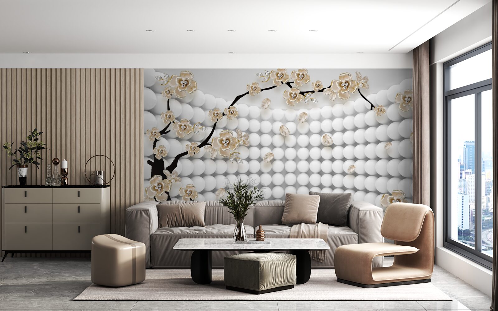 Fototapeta pokój z trójwymiarowymi kulami i drzewem