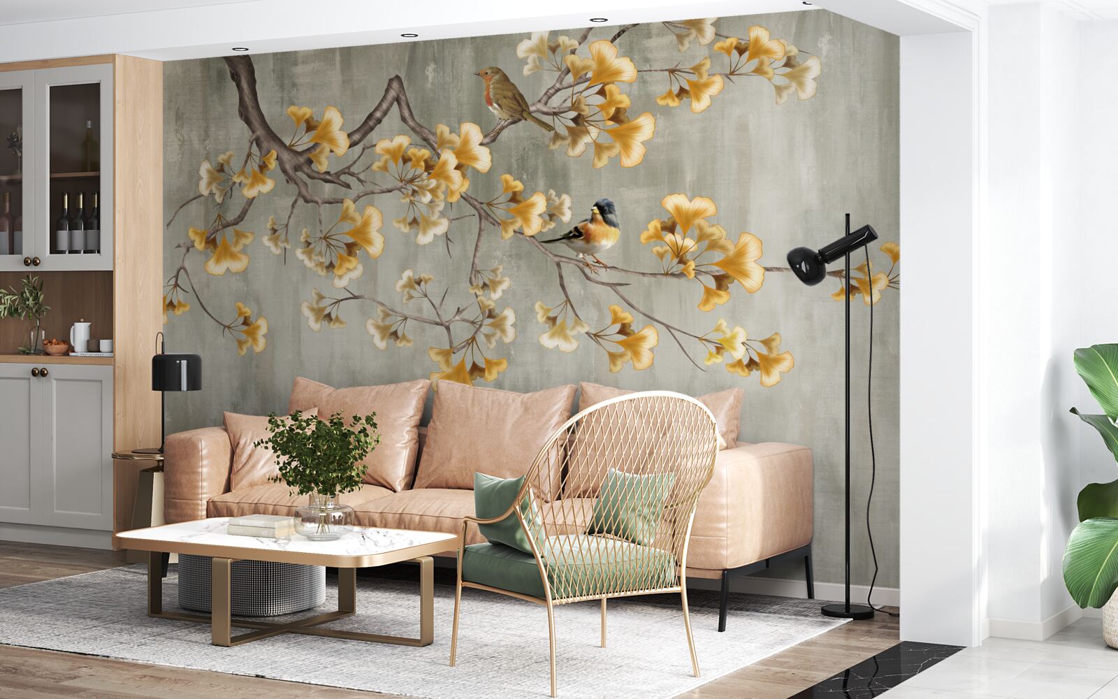 Fototapeta ptaki i gałąź z żółtymi kwiatami