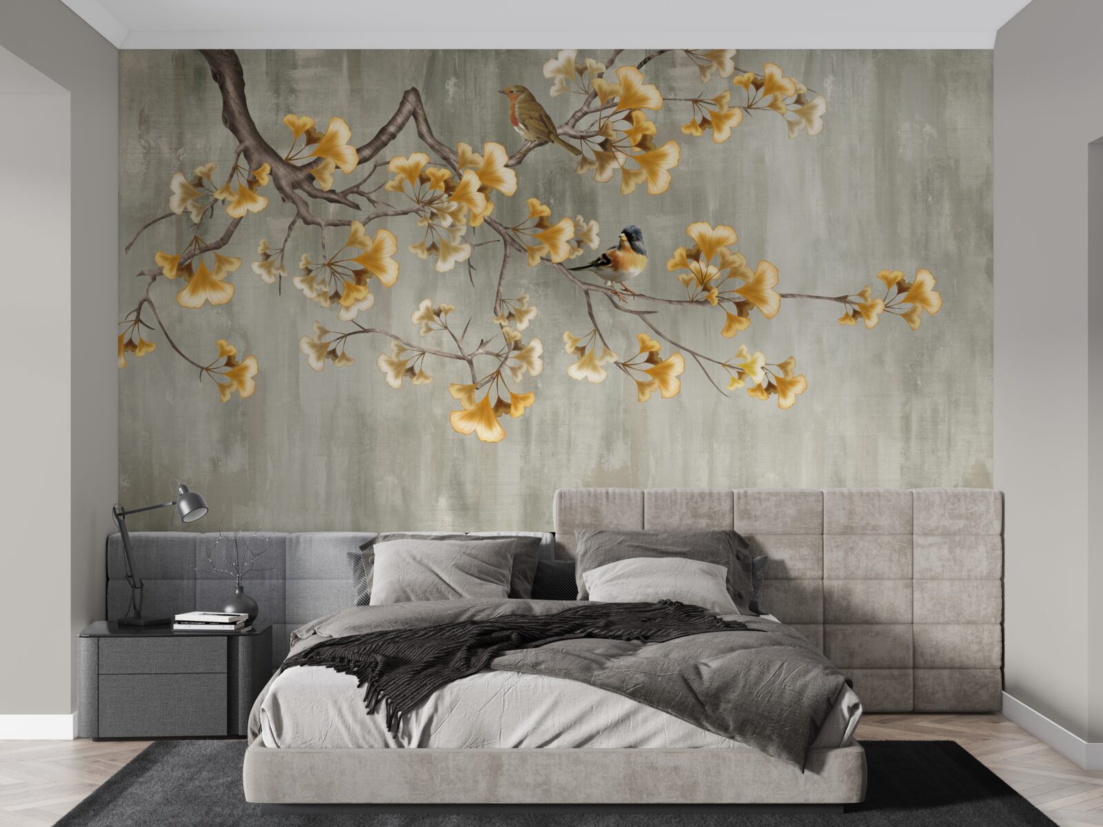 Fototapeta ptaki i gałąź z żółtymi kwiatami