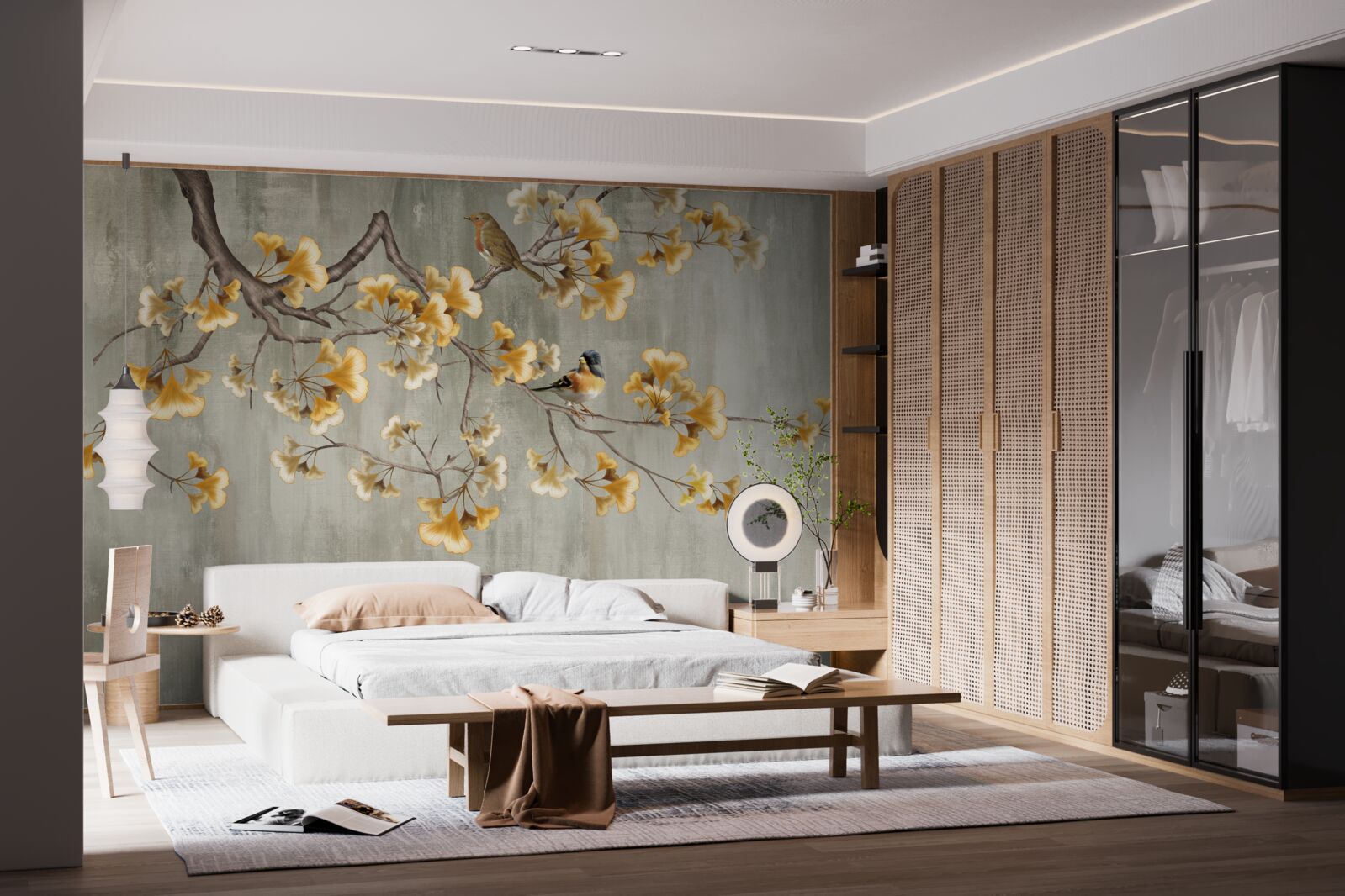 Fototapeta ptaki i gałąź z żółtymi kwiatami