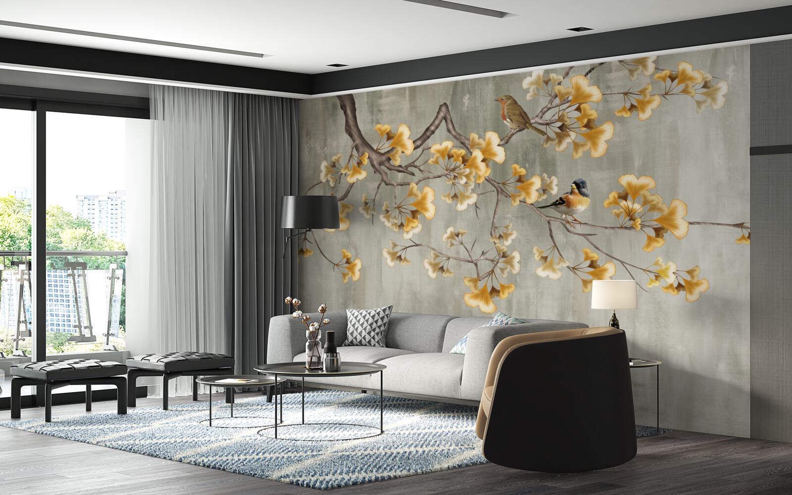 Fototapeta ptaki i gałąź z żółtymi kwiatami