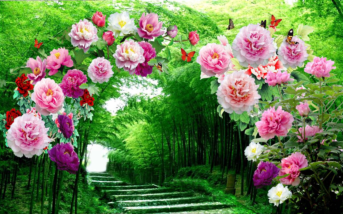 Fototapeta kwiaty i lisy wykonane z zielonego bambusa