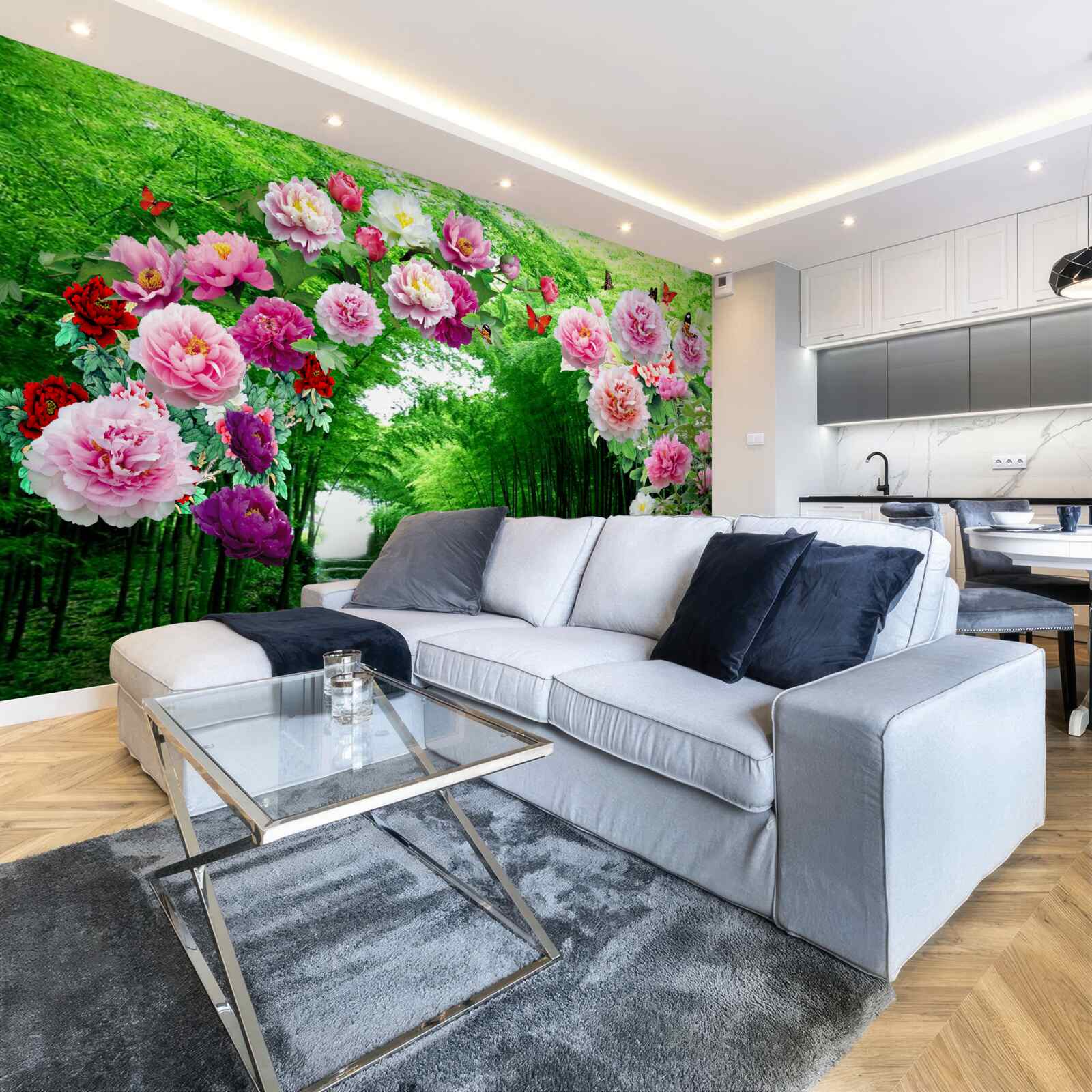 Fototapeta kwiaty i lisy wykonane z zielonego bambusa