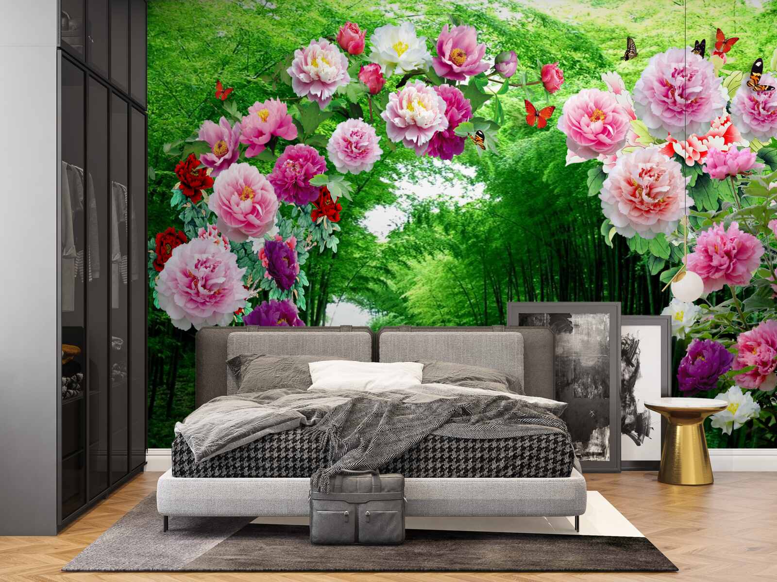 Fototapeta kwiaty i lisy wykonane z zielonego bambusa