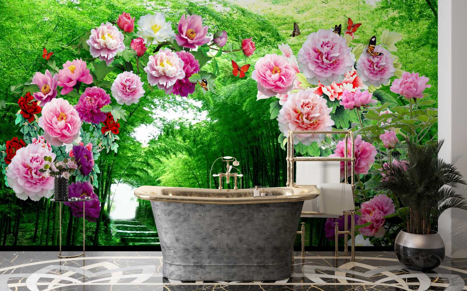 Fototapeta kwiaty i lisy wykonane z zielonego bambusa