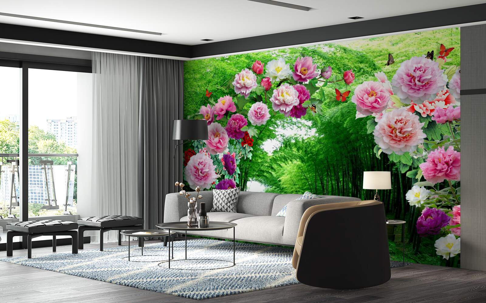 Fototapeta kwiaty i lisy wykonane z zielonego bambusa