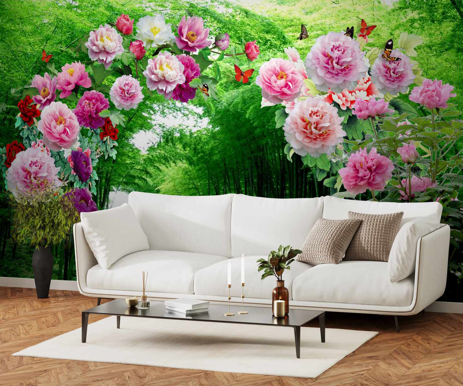 Fototapeta kwiaty i lisy wykonane z zielonego bambusa