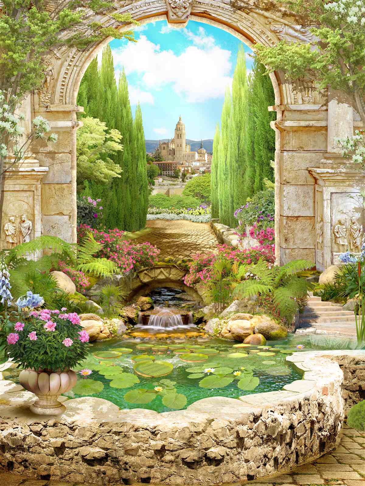 Fototapeta stary kamienny łuk otoczony zielenią