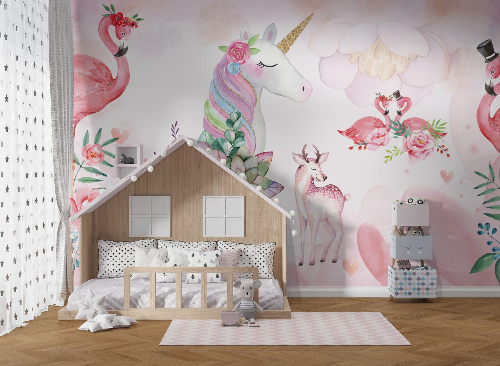 Fototapeta różowe zwierzęta ozdobione kwiatami