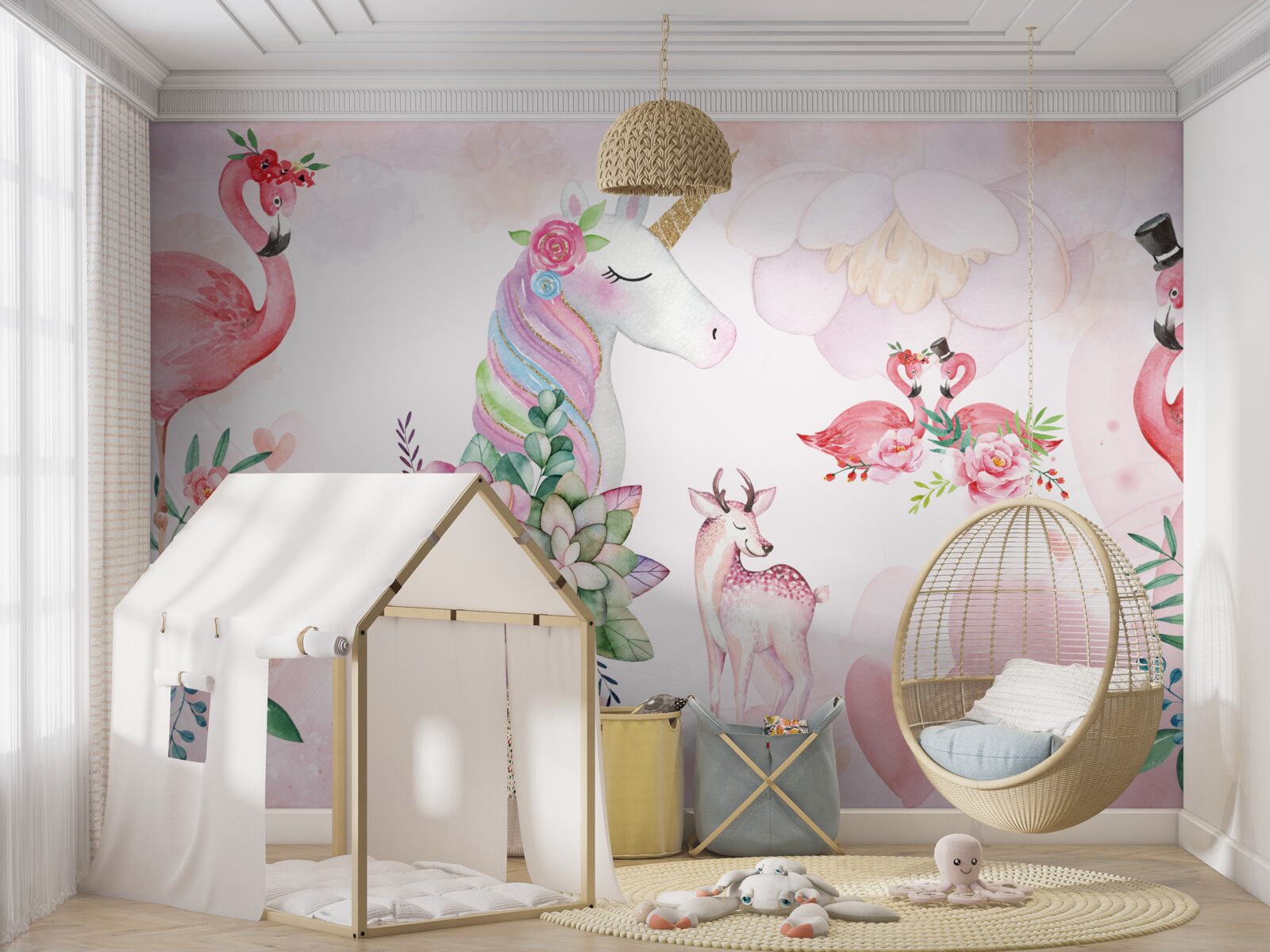 Fototapeta różowe zwierzęta ozdobione kwiatami